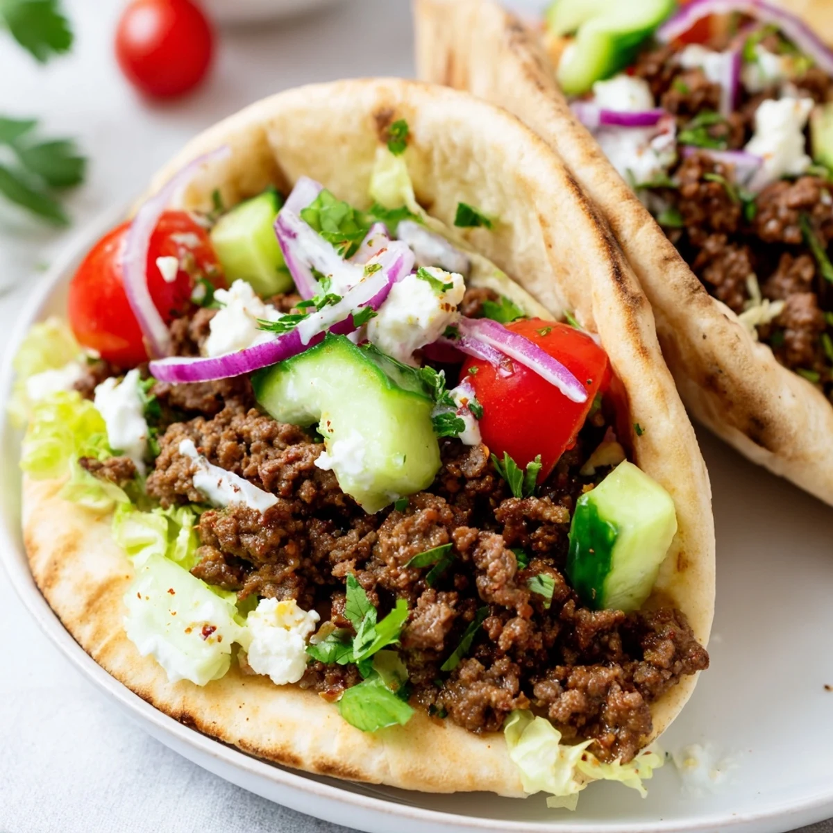 Golden brown spiced Mediterranean ground beef stuffed into soft warm pita pockets  