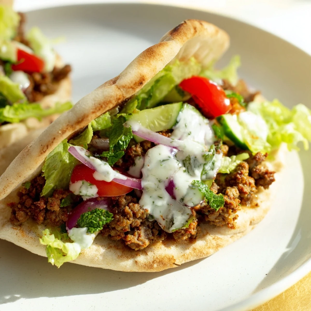 Vibrant Mediterranean ground beef pita pockets topped with fresh veggies and tangy yogurt sauce  