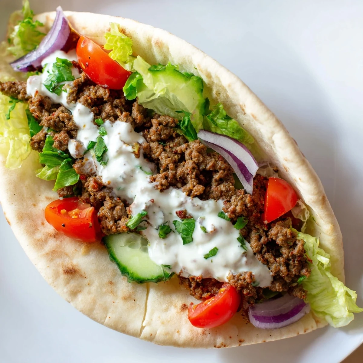 Delicious Mediterranean ground beef pita pockets filled with seasoned meat crisp lettuce and tomatoes