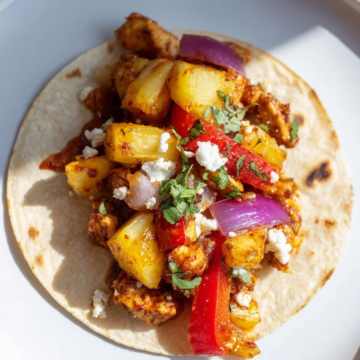 Vibrant one pan chicken and pineapple tacos topped with avocado and lime.