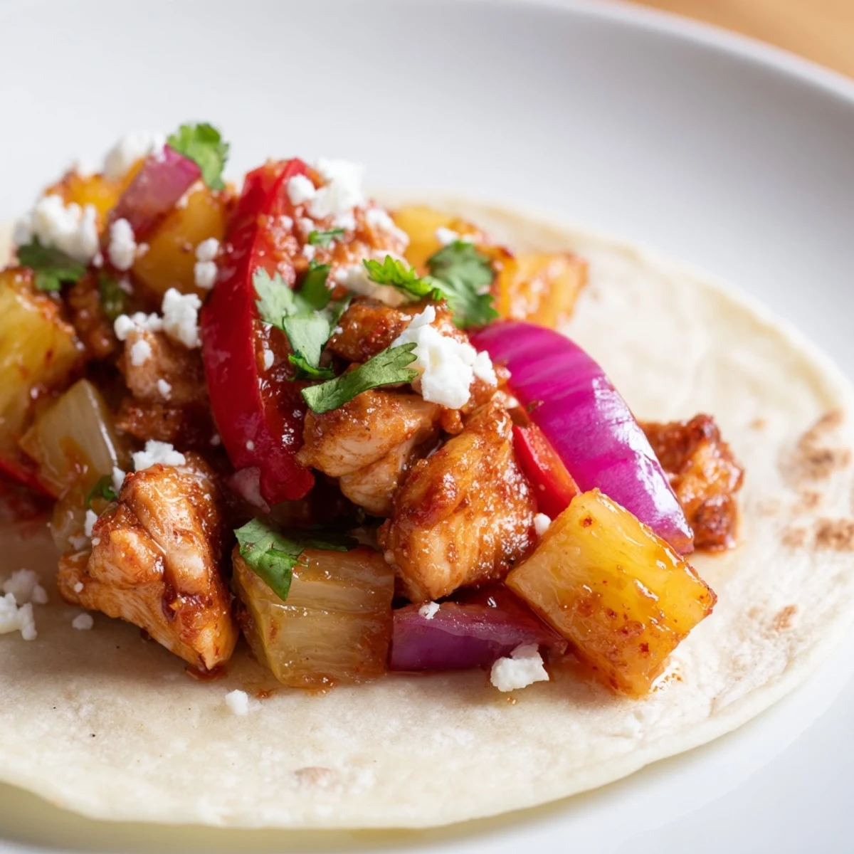 Golden chicken and caramelized pineapple fill warm tortillas with fresh cilantro garnish.