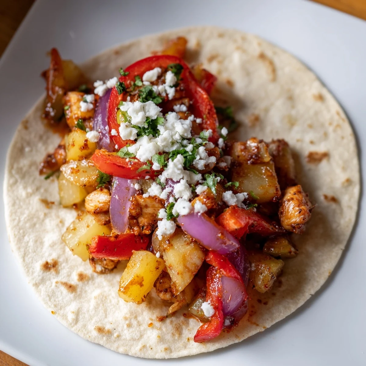 Spiced chicken and sweet pineapple taco filling served in soft, warm tortillas.