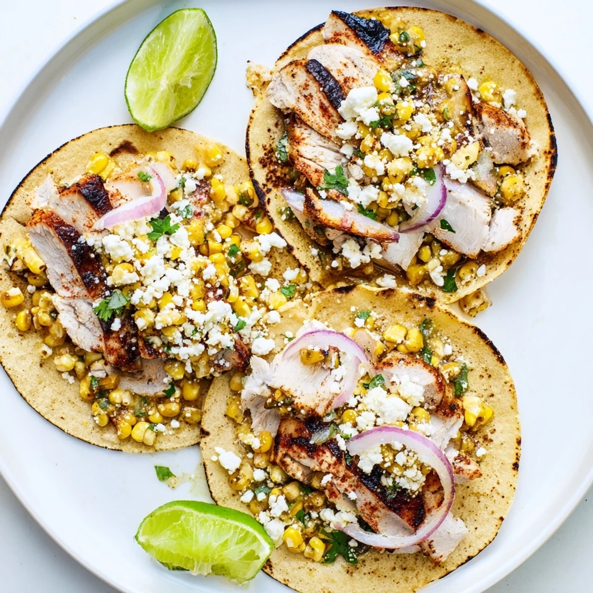 Golden street corn chicken tacos topped with creamy cheese and fresh cilantro  