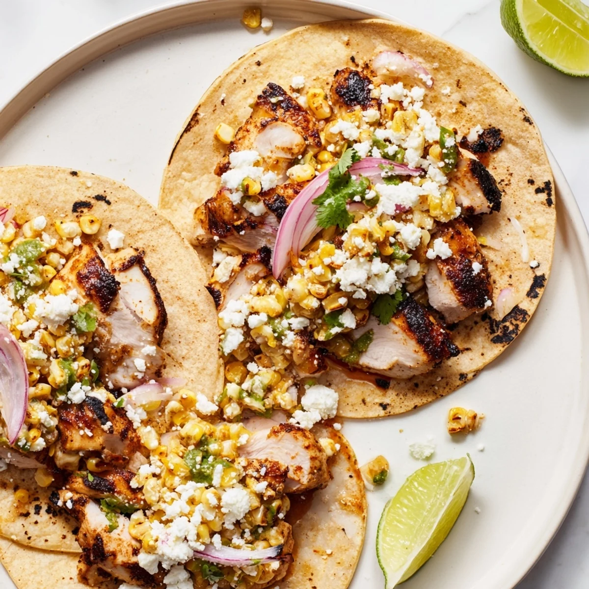 Vibrant street corn chicken tacos served with zesty lime and spicy red onion  