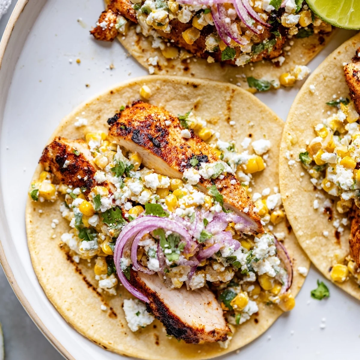 Juicy street corn chicken tacos in warm tortillas with tangy lime and crema