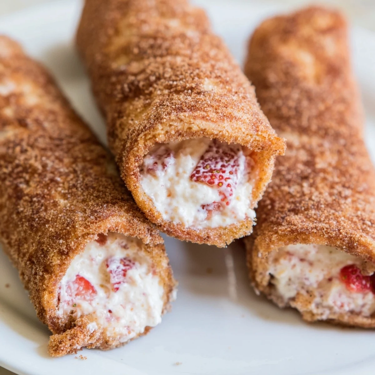 Golden toasted Strawberry Cream Cheese Roll Ups with cinnamon sugar coating  