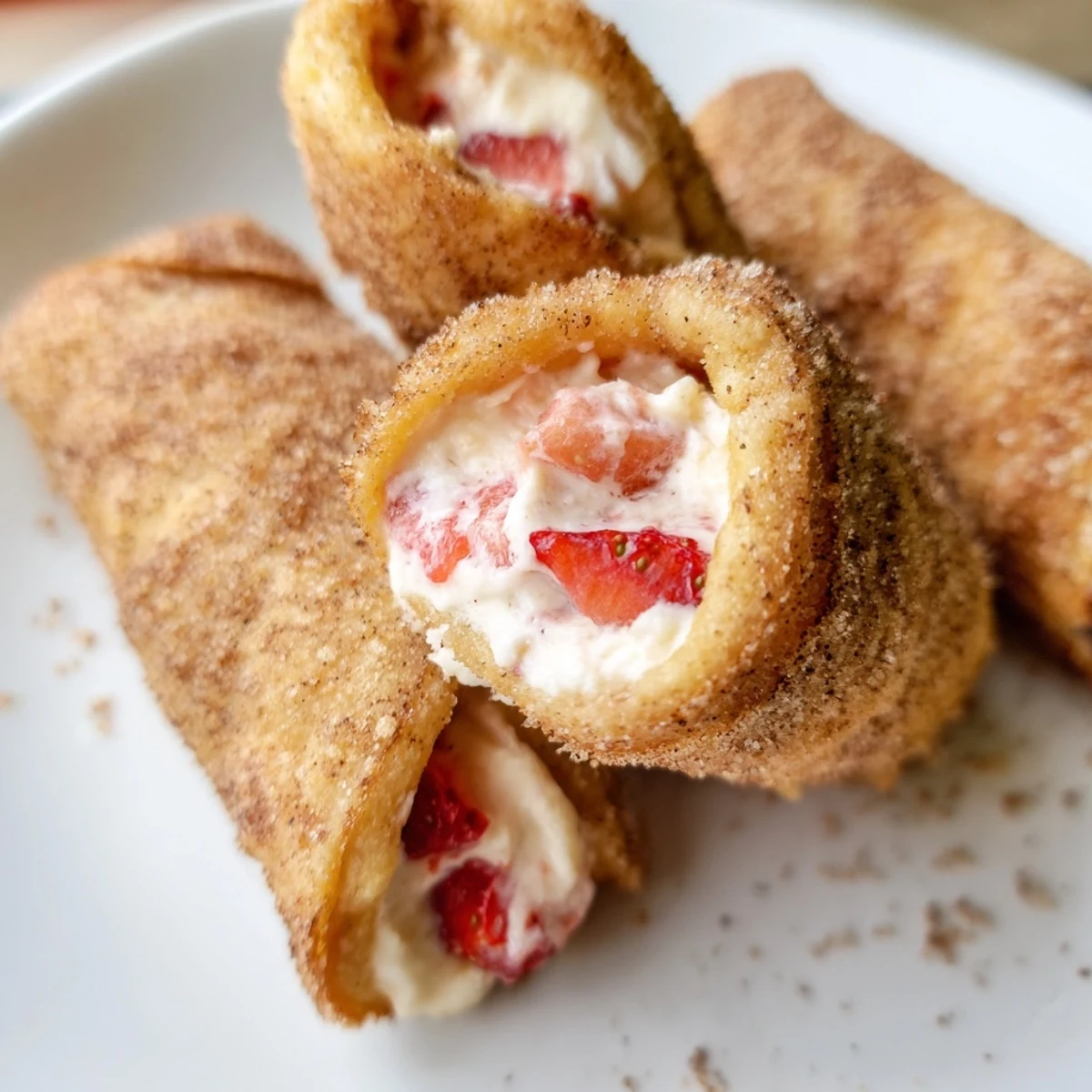 Warm Strawberry Cream Cheese Roll Ups sliced to show red berry filling  