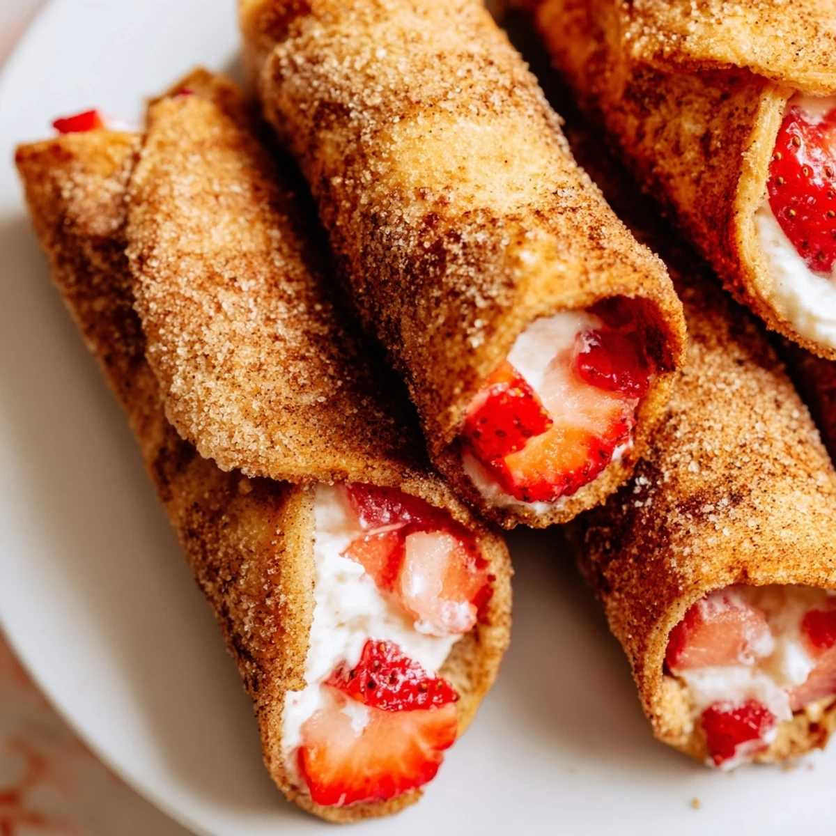 Crispy pan-fried Strawberry Cream Cheese Roll Ups dusted with sweet cinnamon sugar