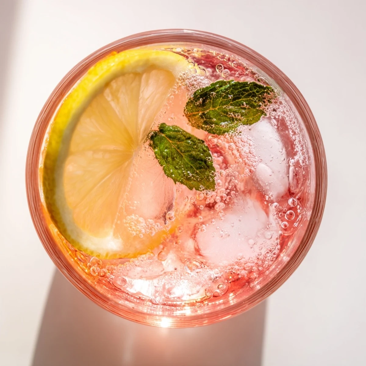 Vibrant honey lemon pink soda garnished with fresh mint and lemon slices.  
