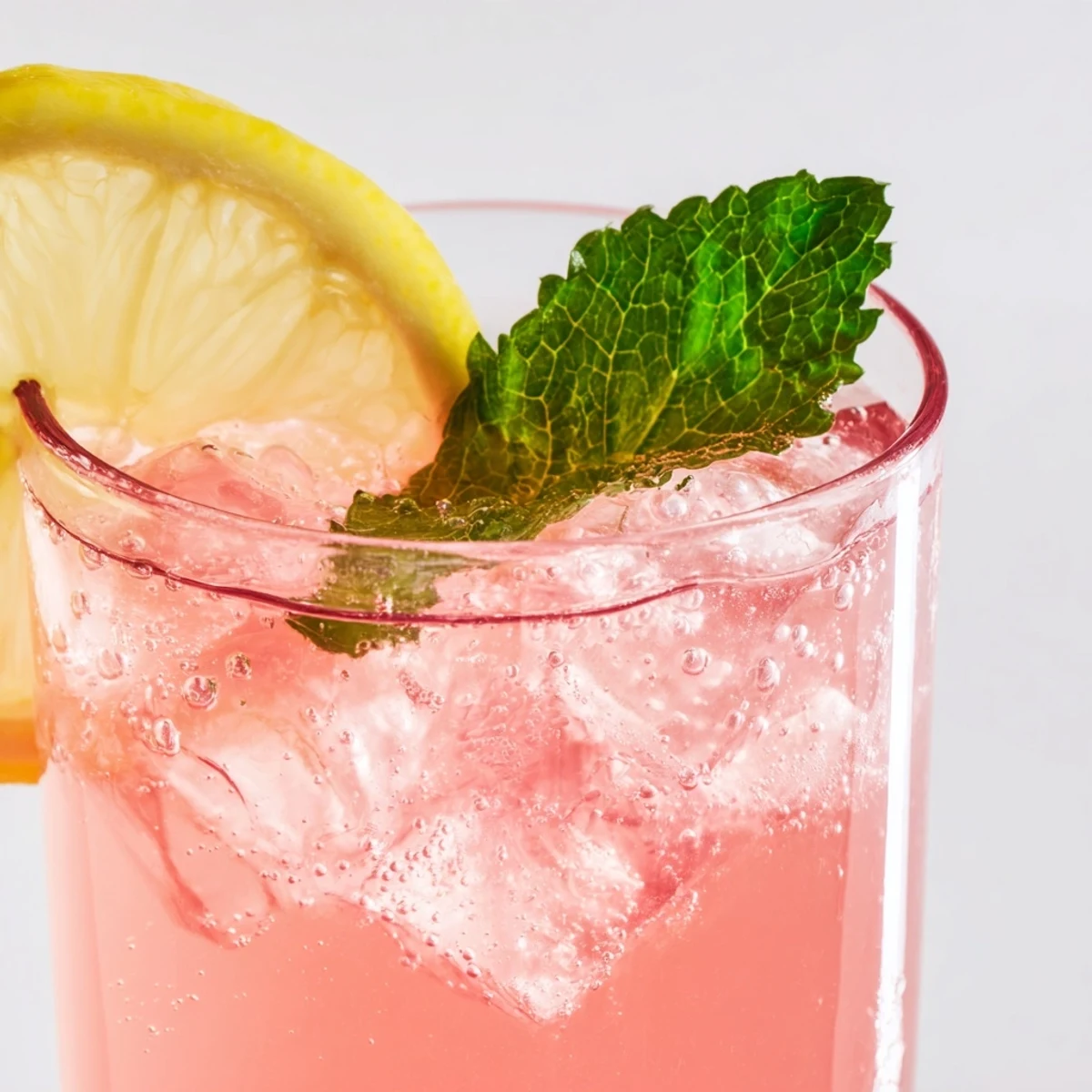 Refreshing honey lemon pink soda in a glass with ice and bubbles.  