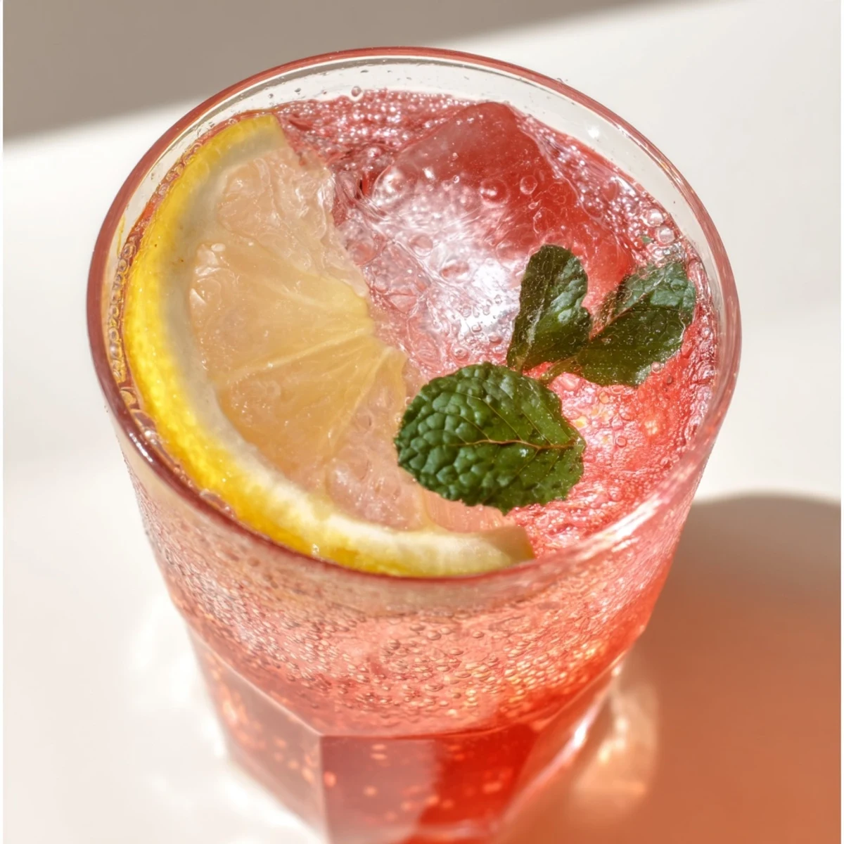 Glass of chilled honey lemon pink soda topped with floating lemon wheels.