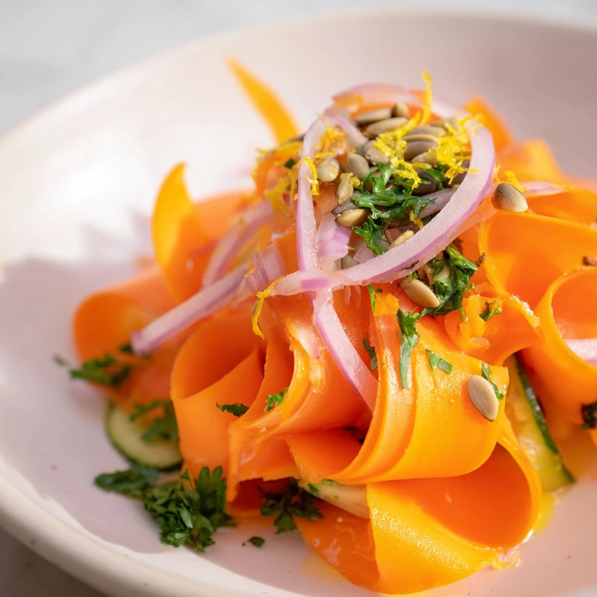 Fresh carrot ribbon salad with zesty citrus dressing and parsley garnish served on a white plate.  