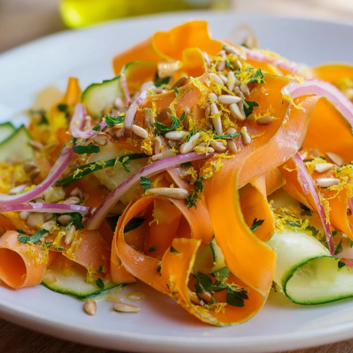 Thin carrot ribbons tossed in tangy citrus dressing topped with red onion and sunflower seeds.  
