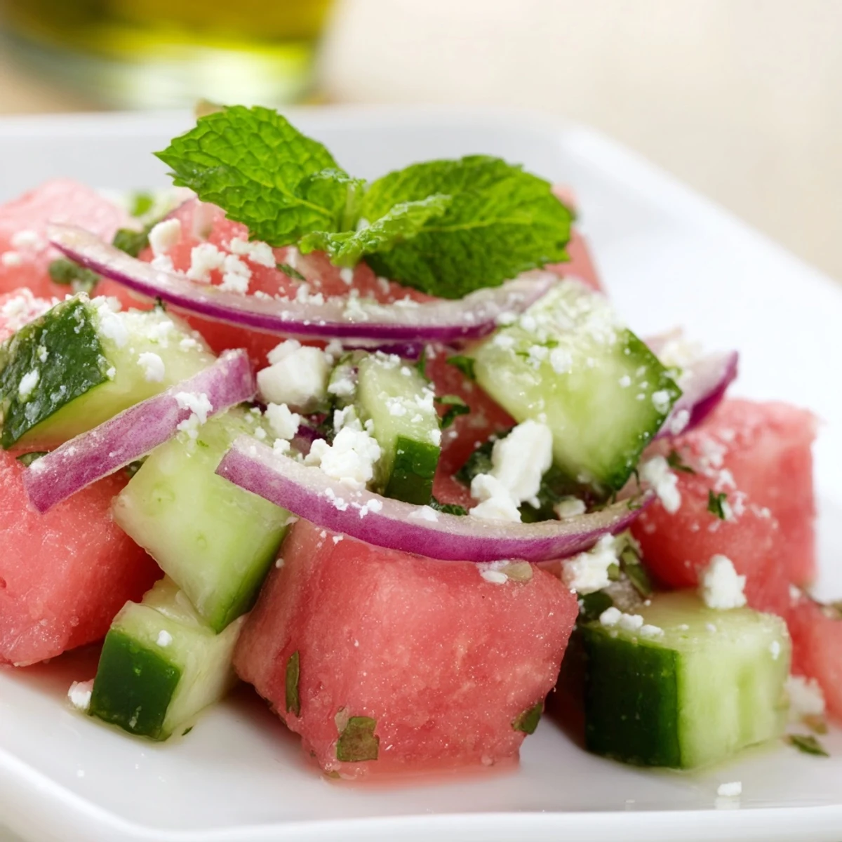 Refreshing watermelon cucumber salad with mint and tangy lime dressing in a bowl.  