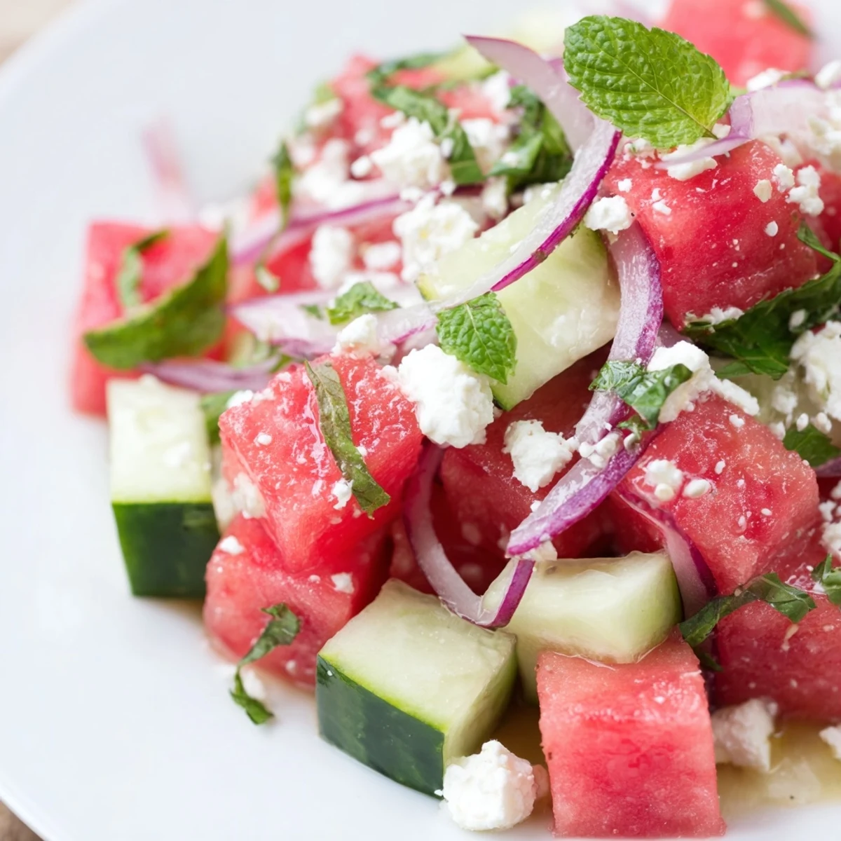 Crisp watermelon and cucumber salad topped with feta cheese and fresh mint.  