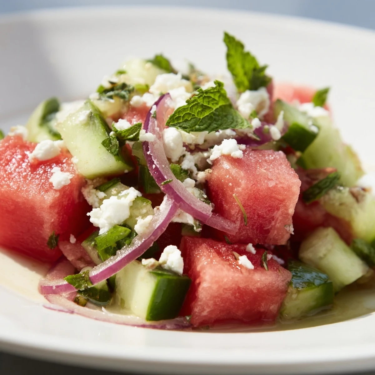 Bright summer salad of juicy watermelon, crunchy cucumber, and zesty lime dressing.