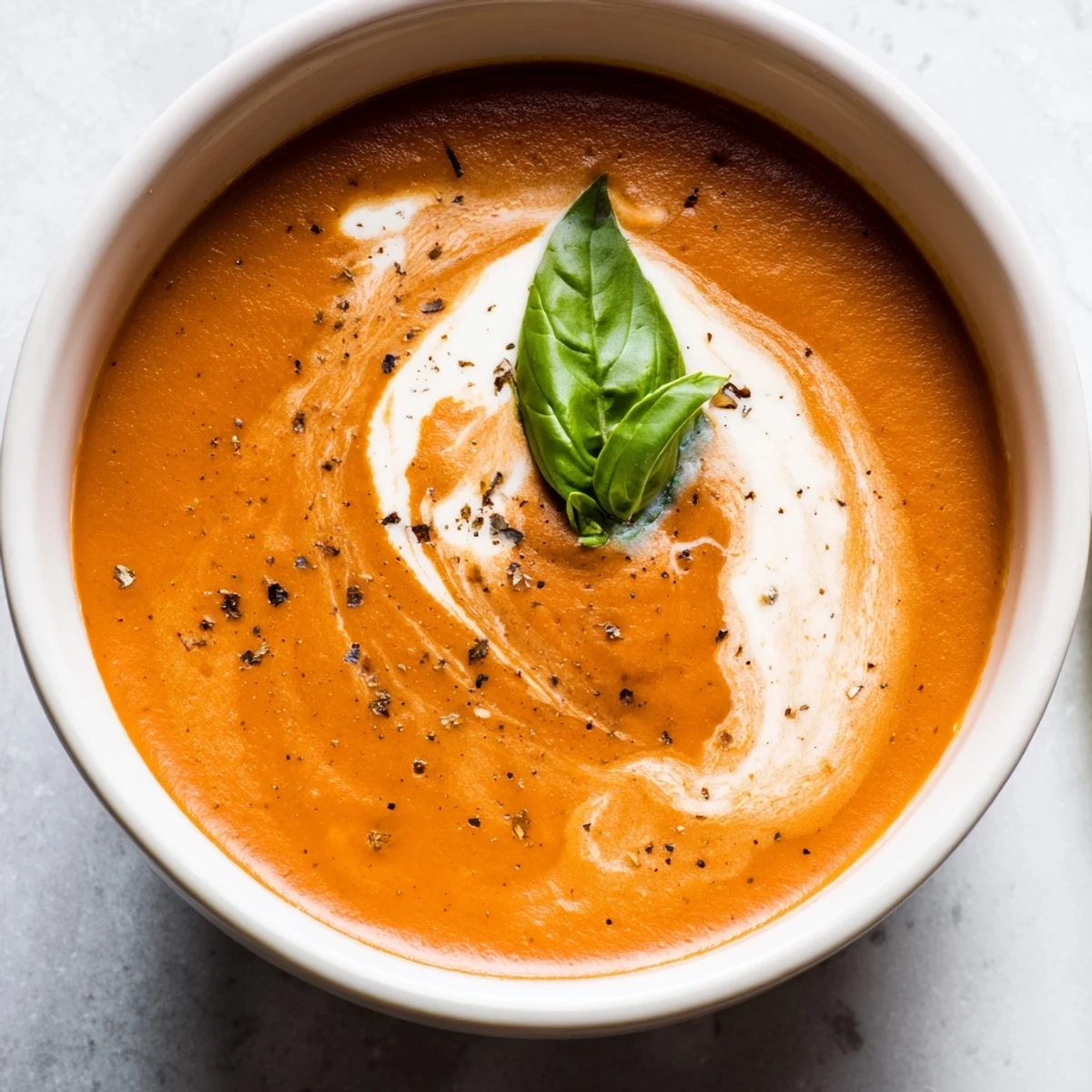 Velvety homemade roasted tomato basil soup paired with crusty bread for dipping  