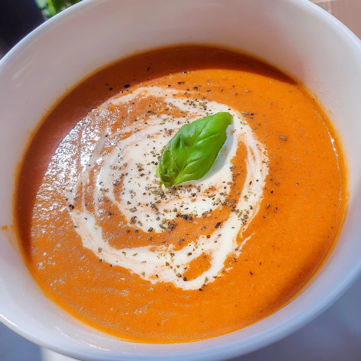 Creamy roasted tomato basil soup recipe served hot with fresh basil garnish  