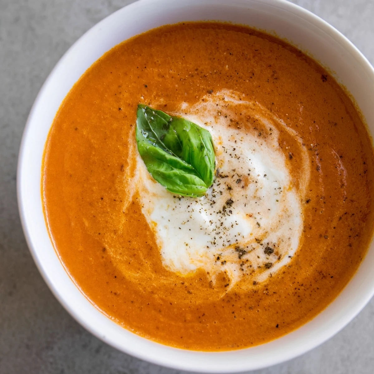 Rich roasted tomato basil soup recipe simmered in a pot with fresh herbs