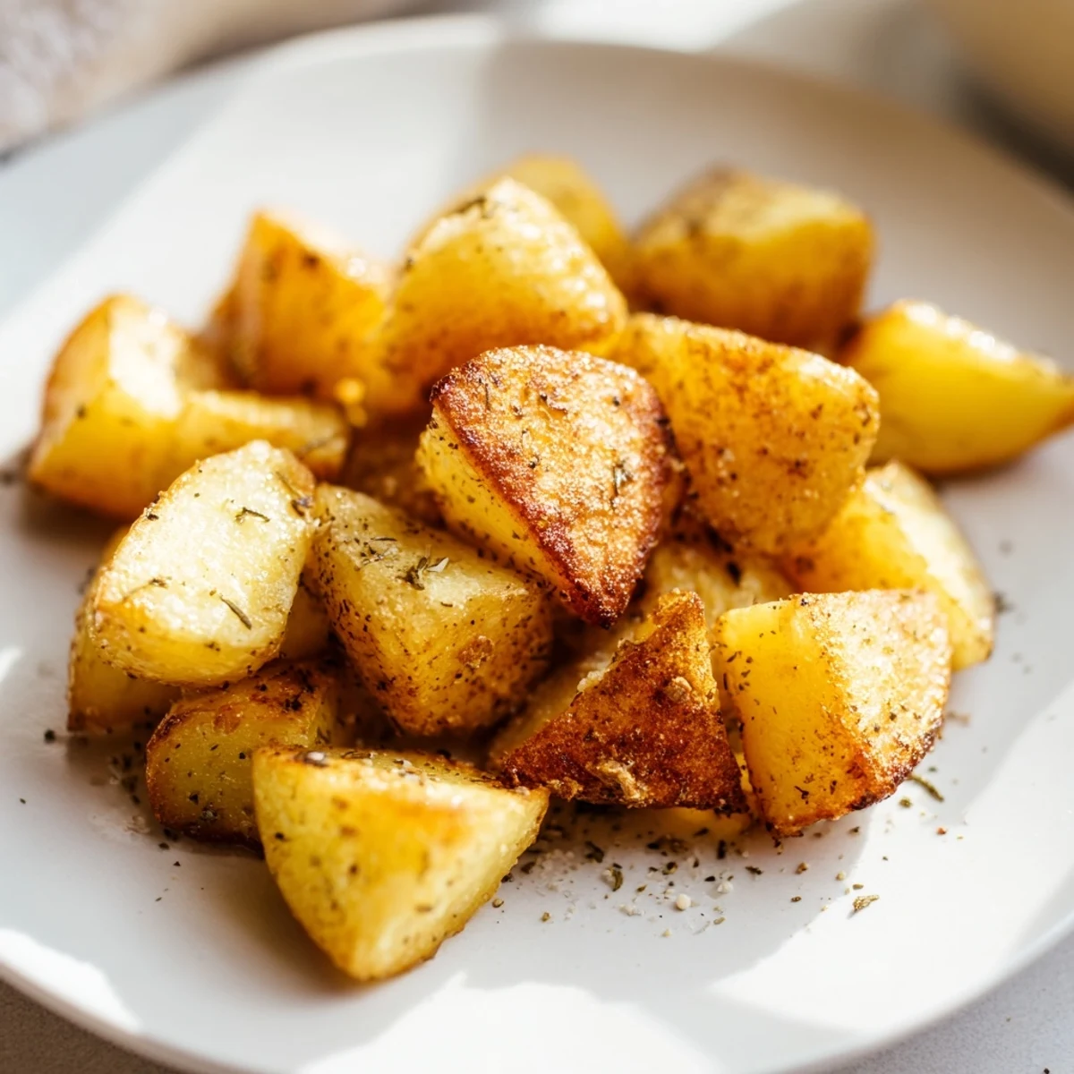 Golden roasted potatoes with crispy edges and fluffy centers, seasoned with herbs.  