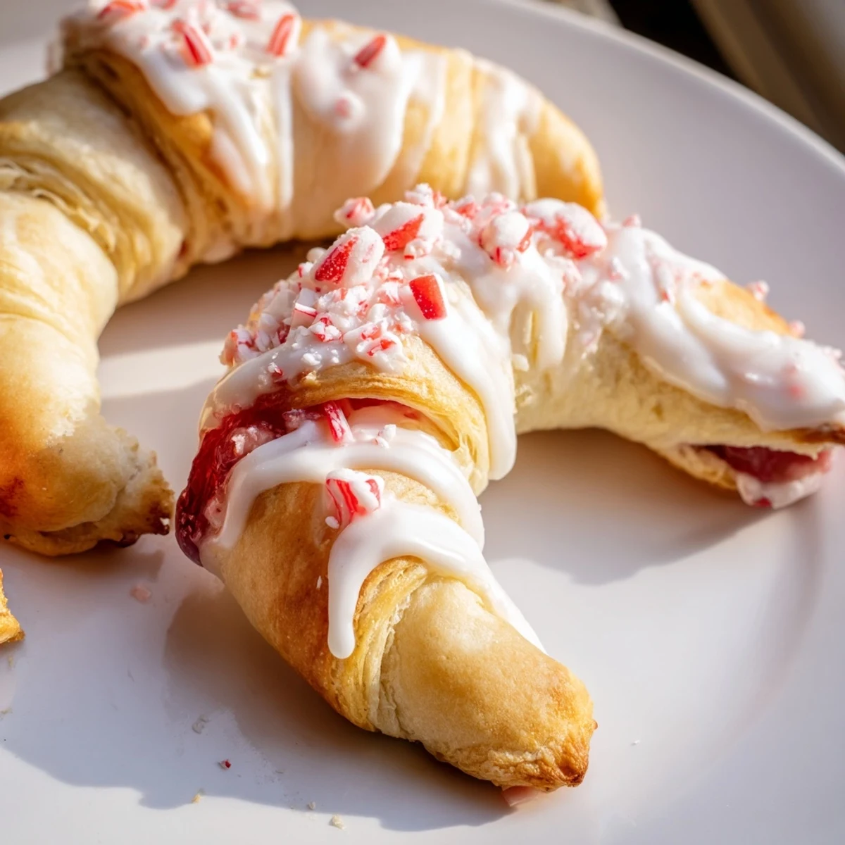 Golden Candy Cane Crescent pastry drizzled with white icing and peppermint crunch  