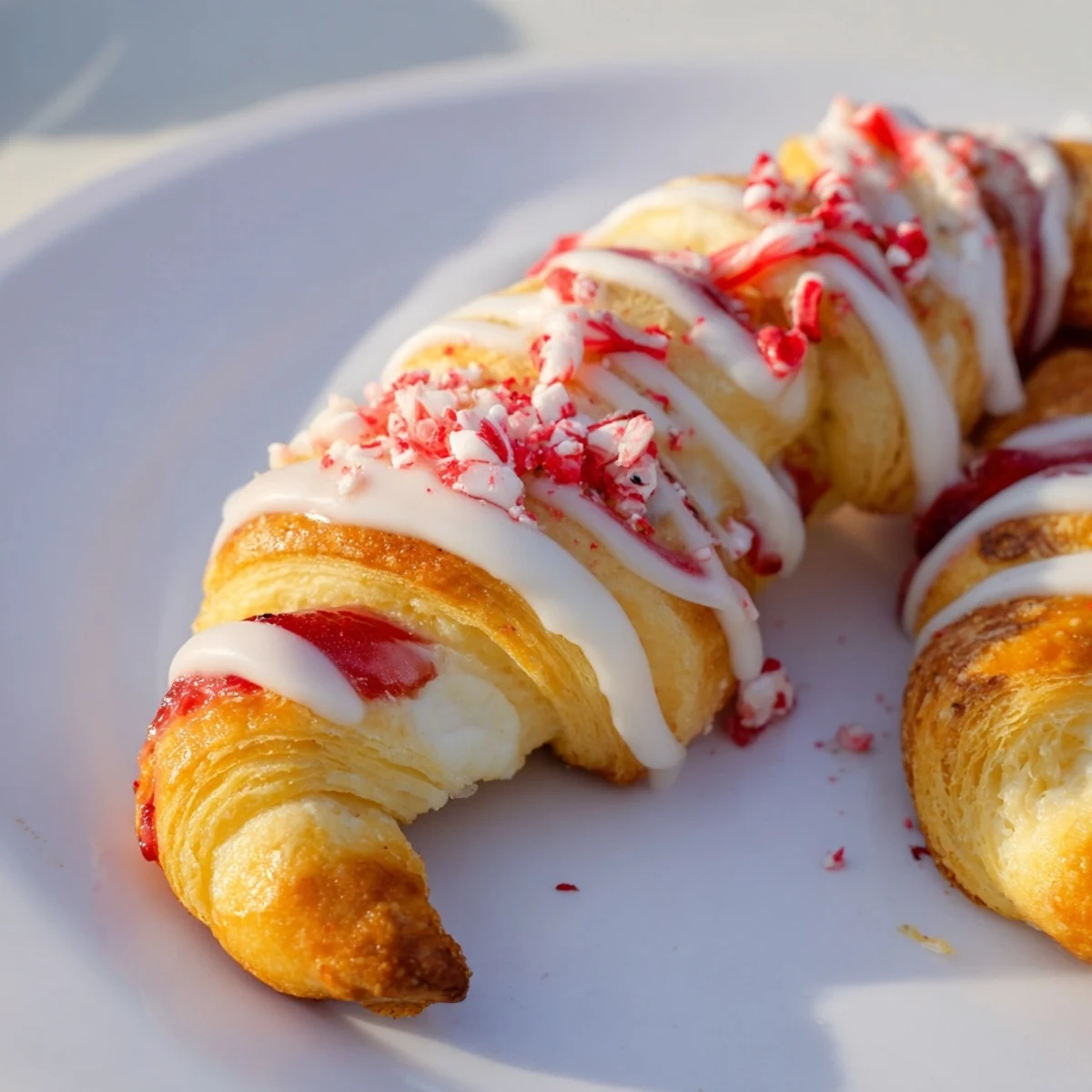 Holiday Candy Cane Crescent pastry topped with crushed peppermint and sweet icing
