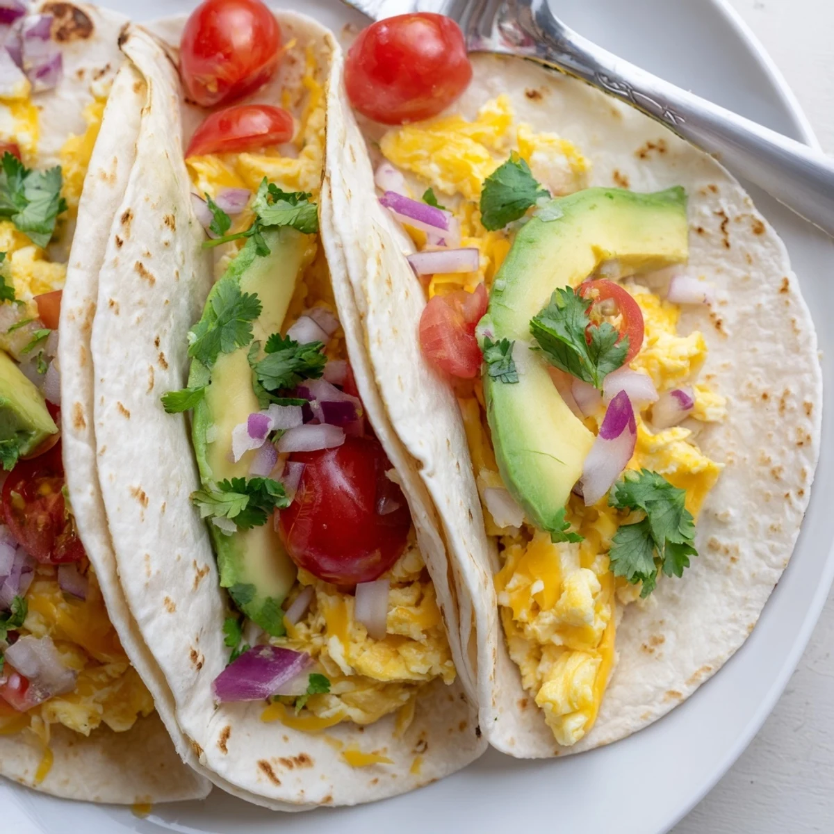 Warm tortillas filled with cheesy eggs and avocado for this breakfast tacos recipe.
