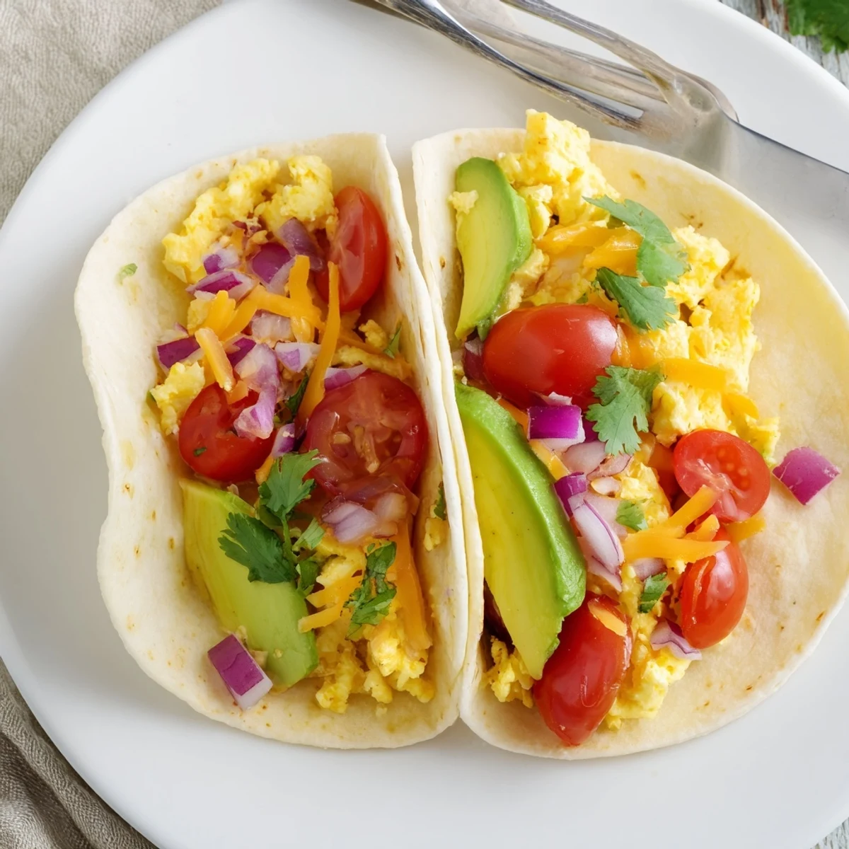 Fluffy scrambled eggs topped with fresh vegetables in a soft breakfast tacos recipe.