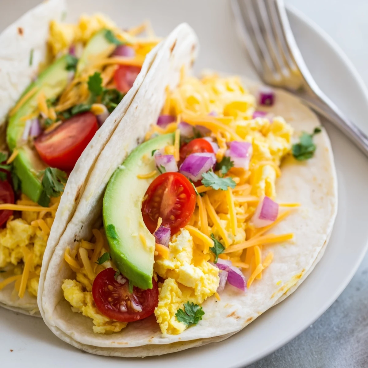 Colorful breakfast tacos recipe featuring crisp veggies and savory scrambled egg filling.