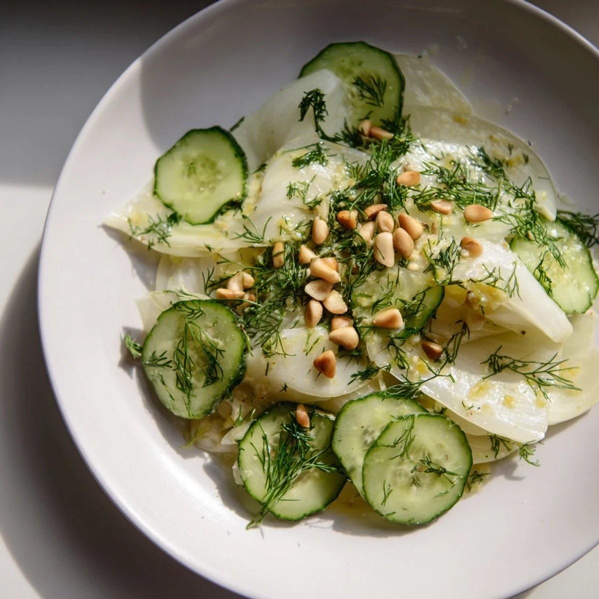 Vibrant crisp fennel cucumber salad topped with fresh dill and zesty citrus dressing  