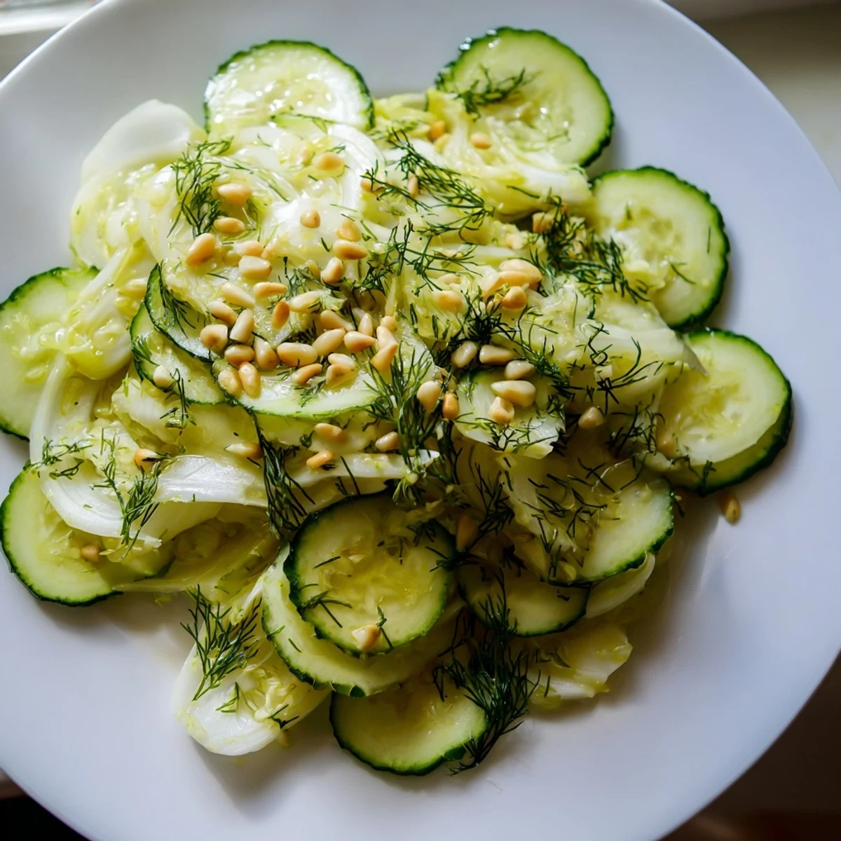 A refreshing bowl of crisp fennel cucumber salad garnished with lemon zest and pine nuts