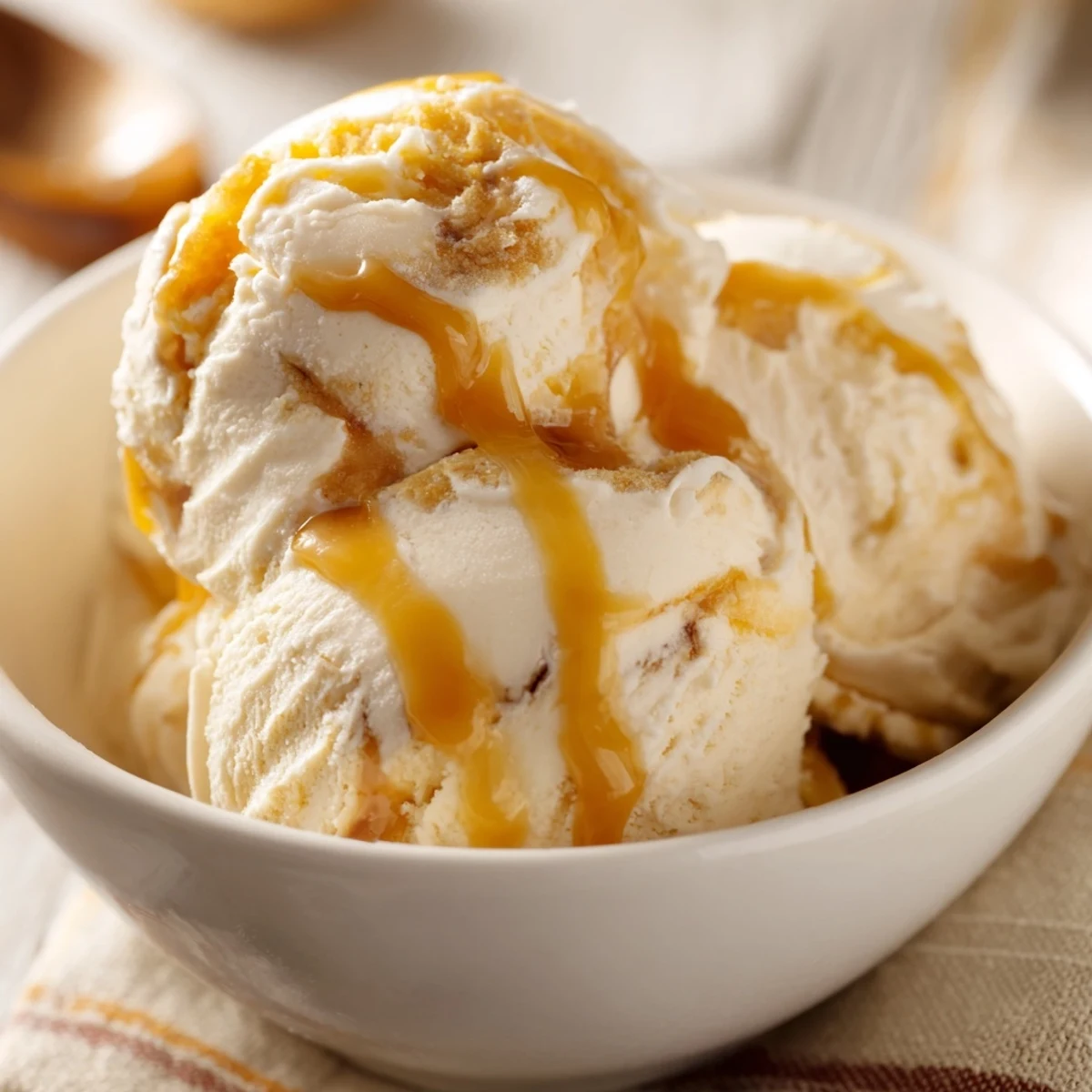 Creamy salted caramel ice cream scooped into a bowl with golden caramel drizzle.