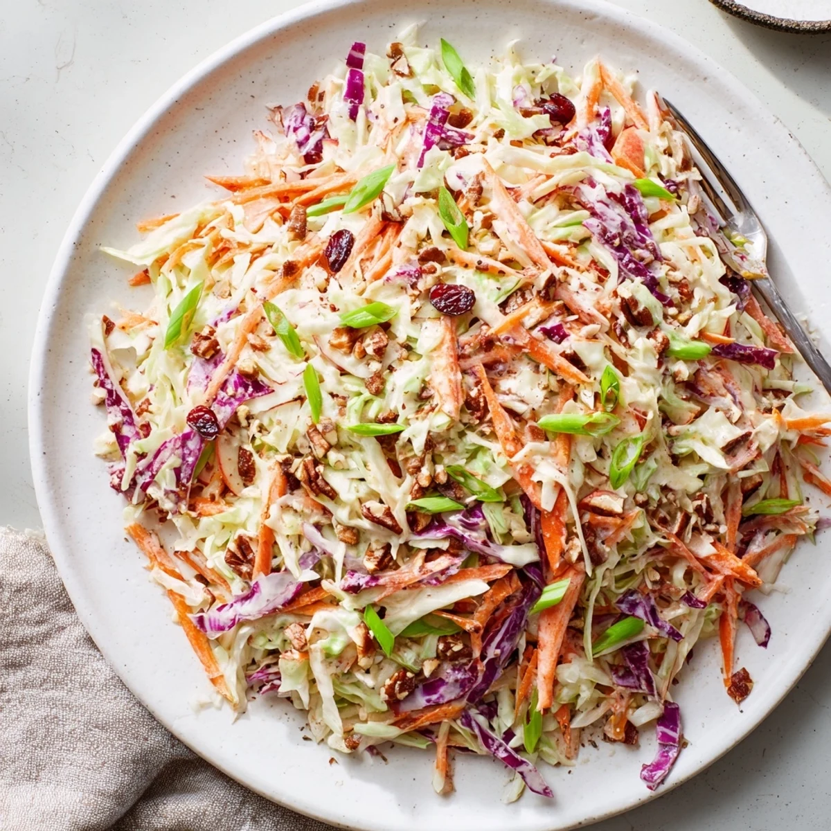 Creamy cranberry apple coleslaw featuring tart cranberries and sweet julienned apple pieces