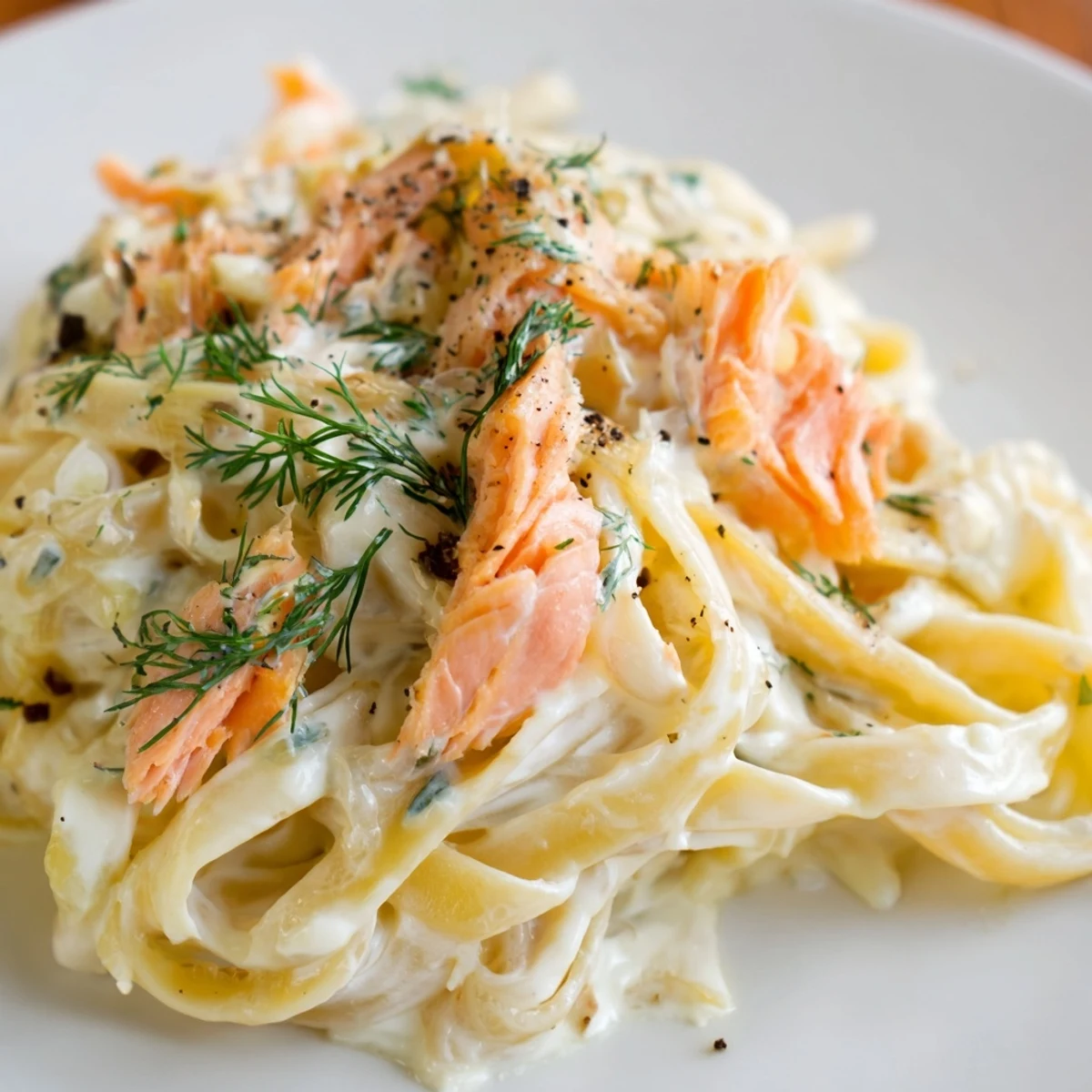 Golden bowl of hot smoked salmon pasta garnished with fresh dill and lemon