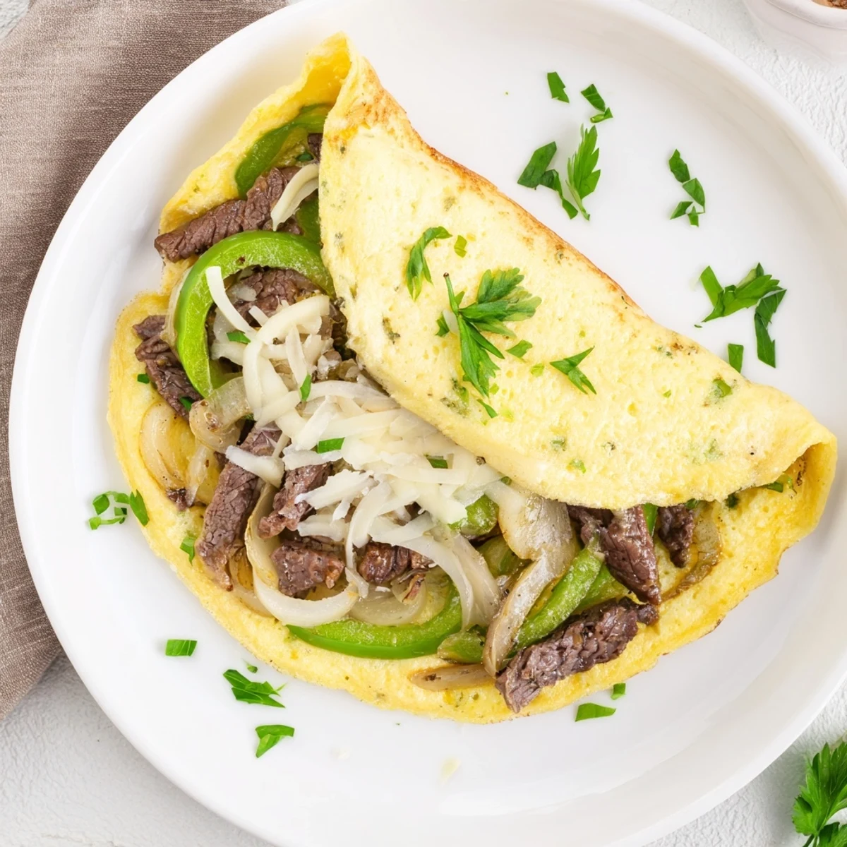 Golden Philly Cheesesteak Omelette stuffed with tender steak, peppers, and melted provolone.  