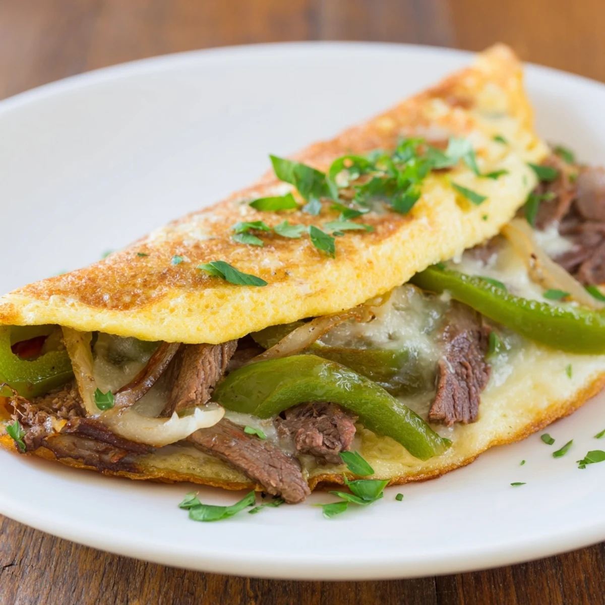 Delicious low carb Philly Cheesesteak Omelette folded around seasoned steak and vegetables.