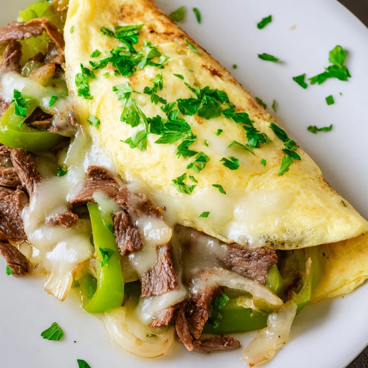 Fluffy breakfast omelette featuring sautéed onions, savory beef, and gooey cheese filling.  