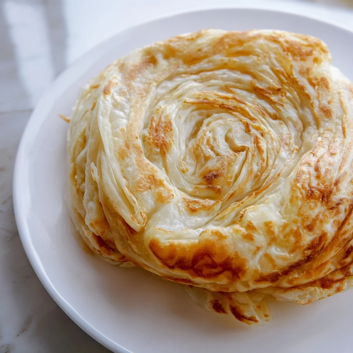 Golden brown flaky Roti Canai served with rich curry on a plate  
