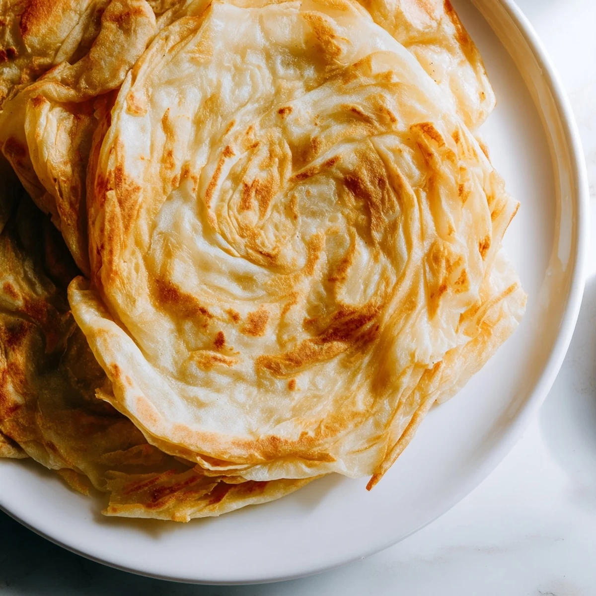 Hand stretched Roti Canai bread displaying crispy layers and buttery texture  