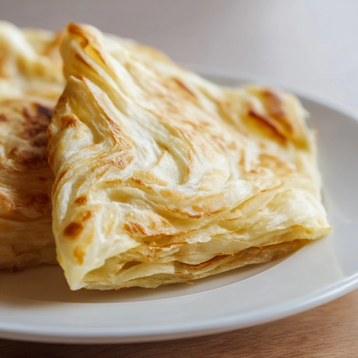Stack of warm Roti Canai flatbread brushed with ghee and ready to eat