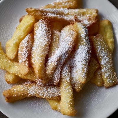 Crisp, freshly fried beignet fries piled high, generously coated in sweet powdered sugar for a classic New Orleans treat.  