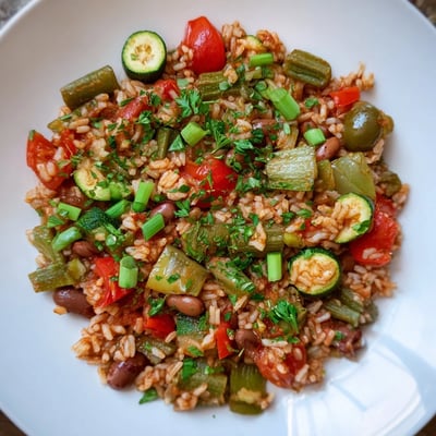 A close-up of Mardi Gras Veggie Jambalaya, garnished with fresh green onions and parsley, steaming alongside a bottle of hot sauce.
