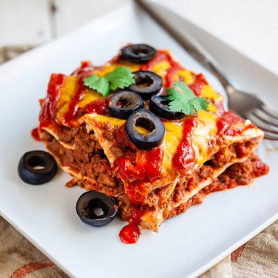 Fresh cilantro garnishes this hearty Beef Enchilada Casserole, served alongside a dollop of cool sour cream for a classic Tex-Mex finish.