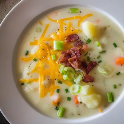 A ladle pours Creamy Potato Soup with Cheese and Bacon into a mug beside crusty artisan bread.