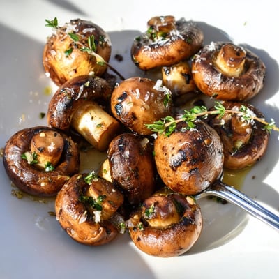 Smoky charred mushrooms tossed in garlic butter on a rustic plate