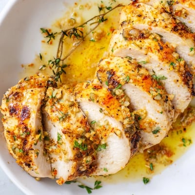 Juicy garlic butter baked chicken breast drizzled with sauce and fresh parsley