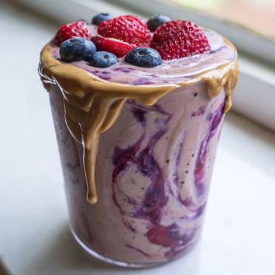 Creamy purple peanut butter berry smoothie poured into a mason jar