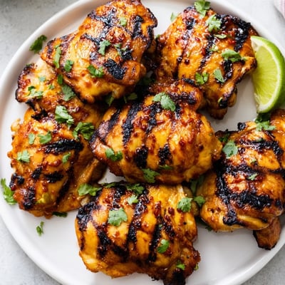 Golden sweet n spicy grilled chicken thighs garnished with fresh cilantro and lime wedges