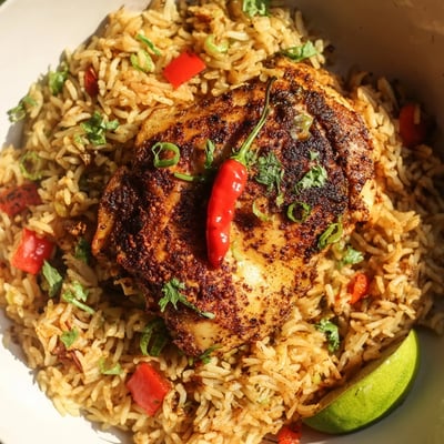 Golden jerk-spiced chicken thighs nestled over fluffy coconut rice with colorful bell peppers