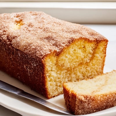 Golden cinnamon donut loaf topped with a sparkling cinnamon sugar crust